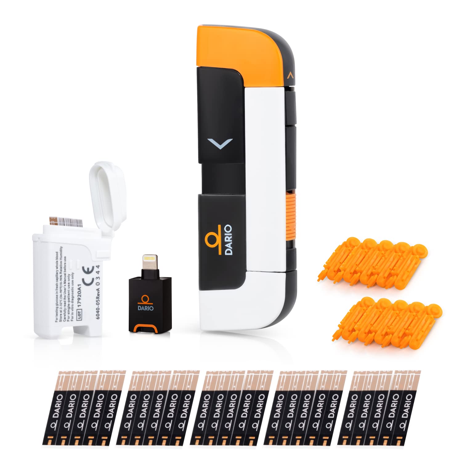 DARIO Smart Glucose Monitor Kit | Test Blood Sugar Levels & Manage Diabetes, Testing Kit Includes: Glucometer with 25 Strips, 10 Sterile lancets (Lightning - For iPhones Up To 14 Only)