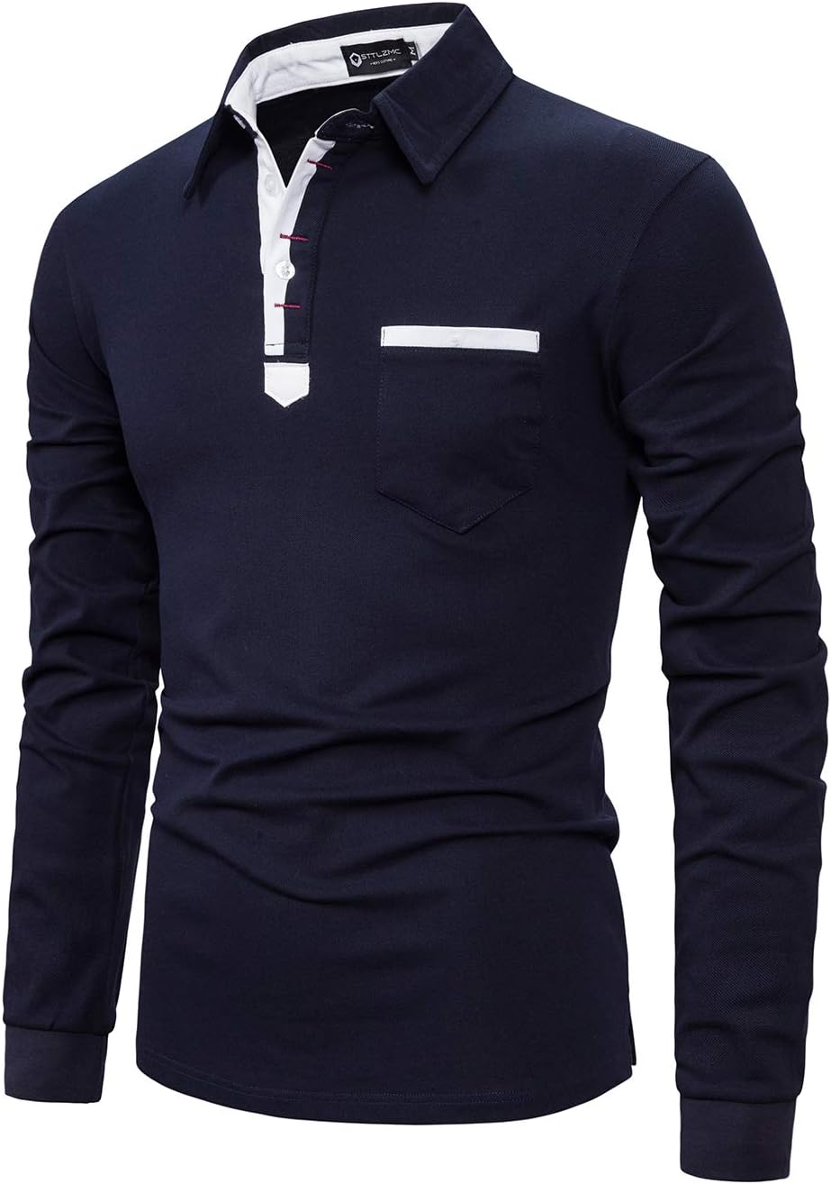 STTLZMC Men's Long Sleeve Polo Shirts Contrast Placket T-Shirt Golf Tennis T-Shirt