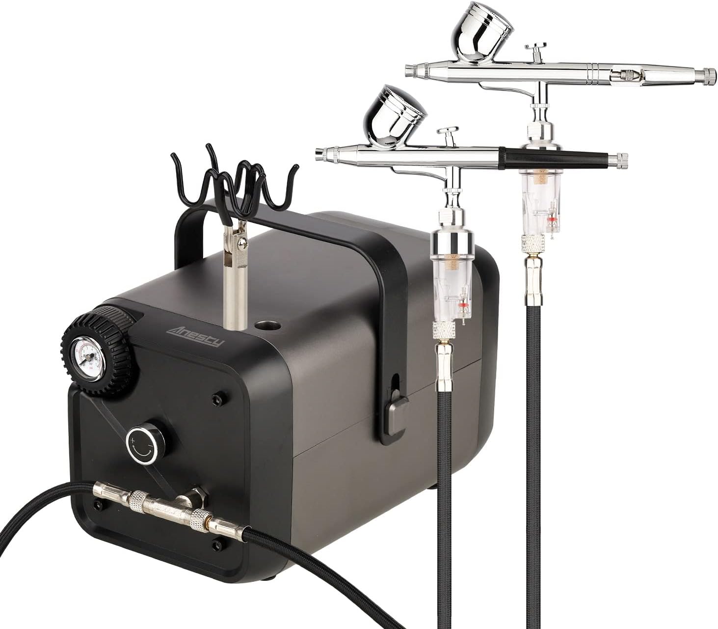 Anesty AHPBox 2 Color Airbrush Compressor, Professional Airbrush Kit with 2 Air Brushes for Quick Color-change & Co-work, High Speed Cooling Fan for Long Running Gray