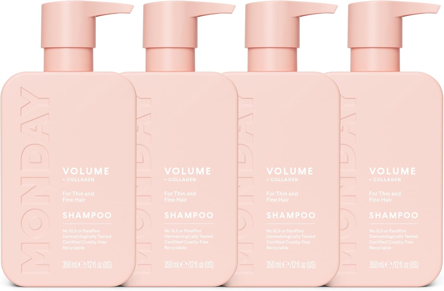 MONDAY Haircare 4 x 350 ml VOLUME Shampoo with Hydrolysed Collagen & Macadamia Oil for Thin, Fine & Flat Hair