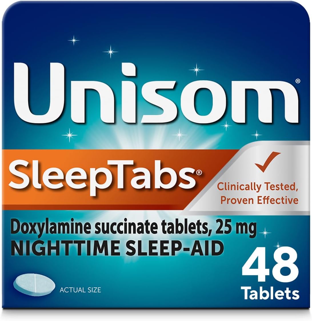 Unisom SleepTabs Nighttime Sleep Aid Tablets for Adults, Doxylamine Succinate 25mg, Non-Habit-Forming Sleep Medicine for Relief from Occasional Sleeplessness, 48 Count
