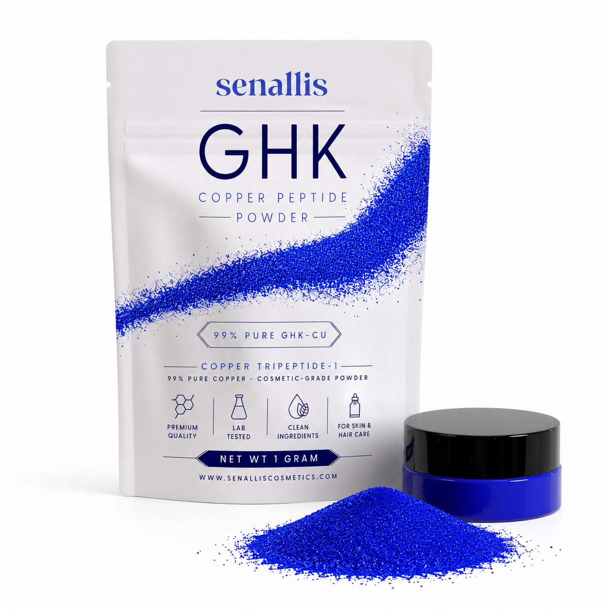 SenAllis Cosmetics GHK-Cu Copper Peptide Powder 99.5% Pure, 1g | Cosmetic-Grade Copper Tripeptide-1 | DIY Face Serum & Scalp Tonic Ingredient | Makes Up to 100 mL at 1%