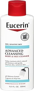Eucerin Advanced Cleansing Body and Face Cleanser, PH-Balanced, Gentle Face and Body Wash for Normal to Dry, Sensitive Skin, Free of Soap, Fragrances, Dyes and Parabens, 16.9 Fl Oz Bottle