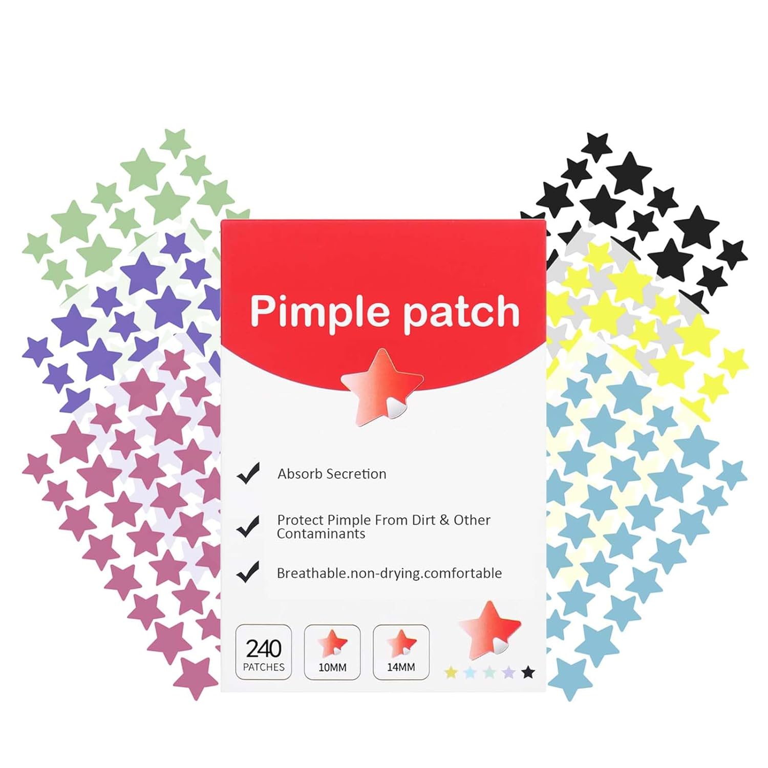 Pimple Patches for Face, Cute Star Zit Covers, Stars Hydrocolloid, For Sensitive Skin, with Tea Tree, Salicylic Acid & Cica Oil (10&12&14mm) 240 Count