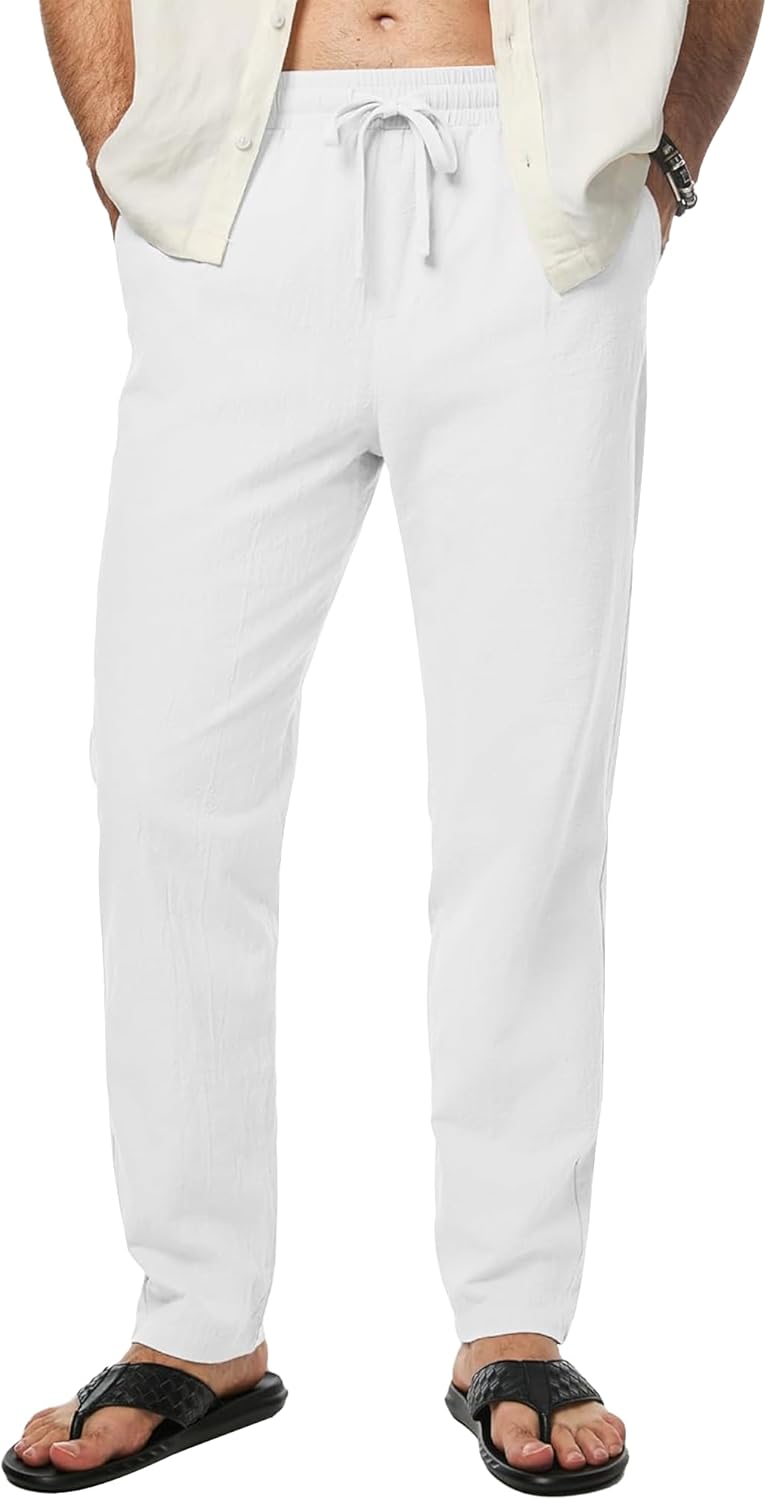 LVCBL Men's Linen Trousers Casual Lightweight Summer Pants Elastic Loose Fit Trousers