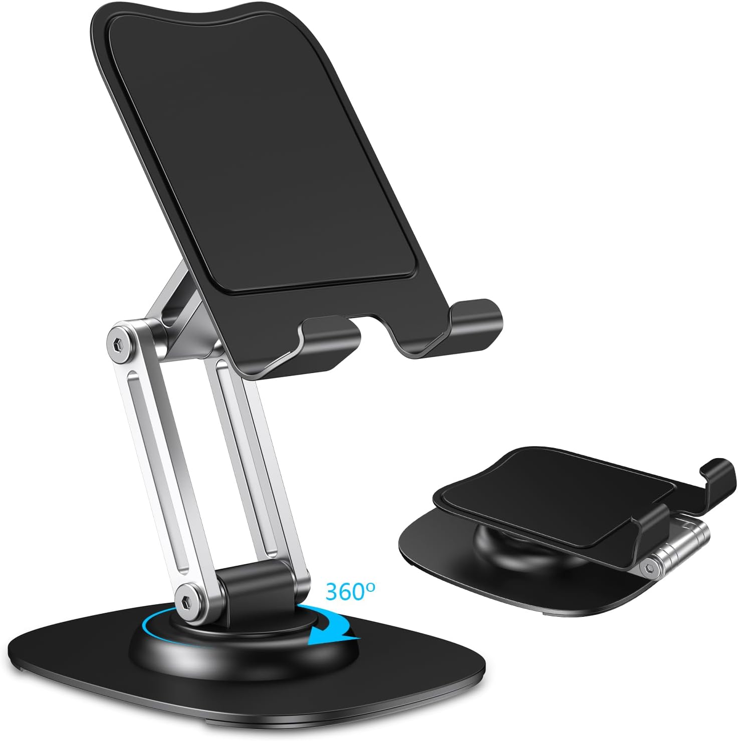 CreaDream Cell Phone Stand for Desk, Aluminum Phone Holder with 360 Rotating Metal Base, Foldable & Portable Desktop Phone Holder Compatible with iPhone 16 15 14 13 Pro Samsung All 4.7-8 inch Phones