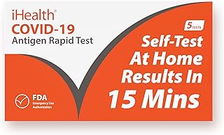 iHealth COVID-19 Antigen Rapid Test, 1 Pack, 5 Tests Total, FDA EUA Authorized OTC at-Home Self Test, Results in 15 Minutes with Non-invasive Nasal Swab, Easy to Use & No Discomfort