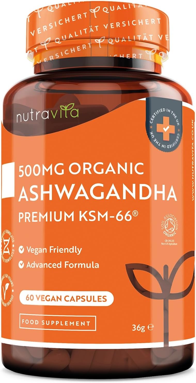 Organic Ashwagandha KSM-66® with 5% Withanolides - Vegan Friendly with The Highest Concentration Most Bioavailable Full-Spectrum Root Powder for Immune Support - Made in The UK by Nutravita