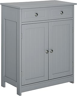 kleankin Bathroom Floor Cabinet, Wooden Bathroom Cabinet with 2 Doors, 2 Drawers and Adjustable Shelf, Freestanding Storage Cabinet for Bathroom, Grey
