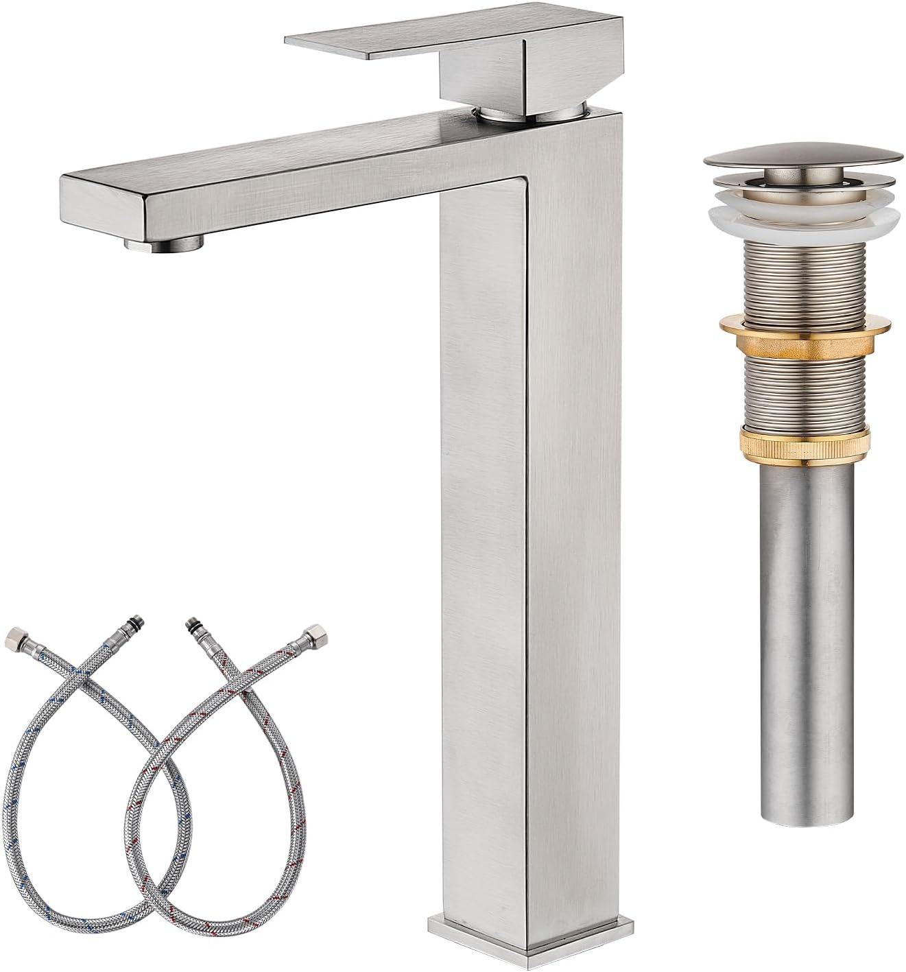 Vessel Sink Faucet, Brushed Nickel 1 Hole Single Handle Tall Bathroom Vanity Faucets, Modern Utility Rv Laundry Bath Restroom Mixer Tap with Metal Pop Up Drain and 2 Water Supply Lines