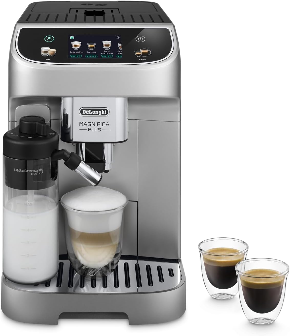 De'Longhi ECAM322.70.SB Magnifica Plus Automatic Coffee Machine with LatteCrema Hot, Bean to Cup Espresso Machine with 18 One-Touch Recipes, Full-Touch Control Panel, 1450W, Silver/Black