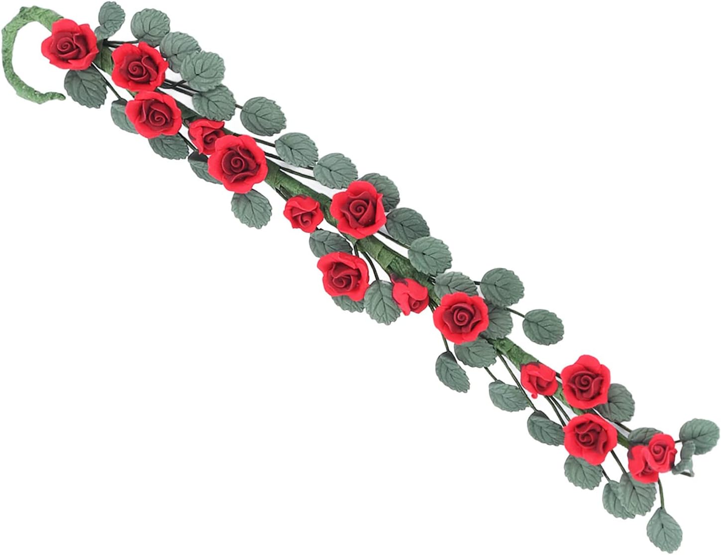 Artificial Miniature Rose Vine Faux Red Rose Flower with Green Leaves Hook Hanging Mini Floral Garland for Art Ornament
