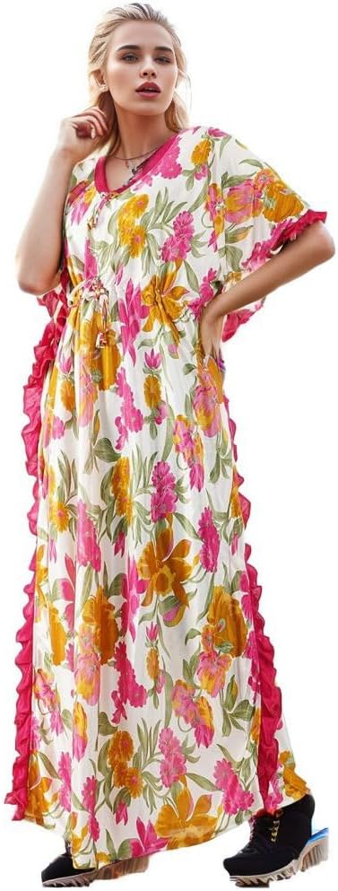 Onekbhalo Women's Satin Floral Kaftan Nighty Maxi Gown Red