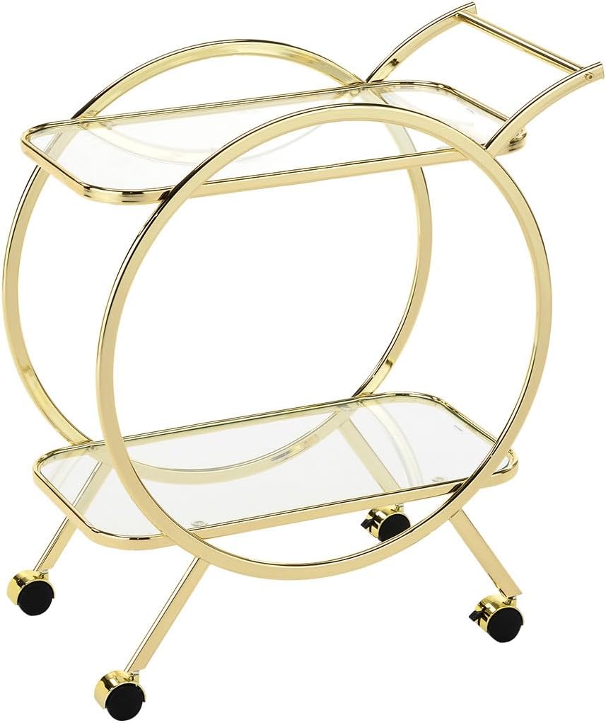 VANITY LIVING 2-Tier Tea Wine Serving Cart for Kitchen, 81.5cm Bar Trolley with Metal Frame & Tempered Glass Shelves, Drinks & Liquor Storage, Mobile Serving Cart with Wheels & Handle for Home