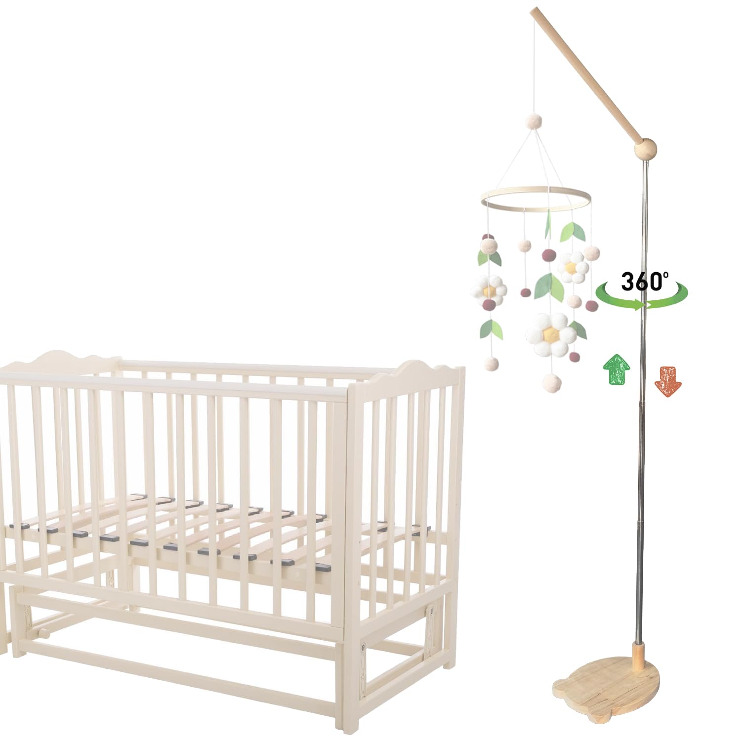 Crib Mobile Wooden Arm, Free Lifting and lowering 67 Inches Standing Mobile Arm Suitable for All Cribs 100% Natural Larch Hanger Nusery Decor Baby Room Safe Holder(Mobile is not Included )