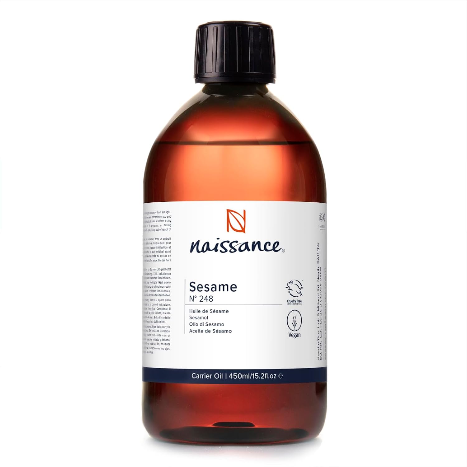 Naissance Sesame Seed Oil (No. 248) - 450ml - Natural Moisturiser For Skin, Face, Beard, Nails, Hair, Body - Massage, Aromatherapy, DIY Beauty, Conditioner - Vegan, No GMO