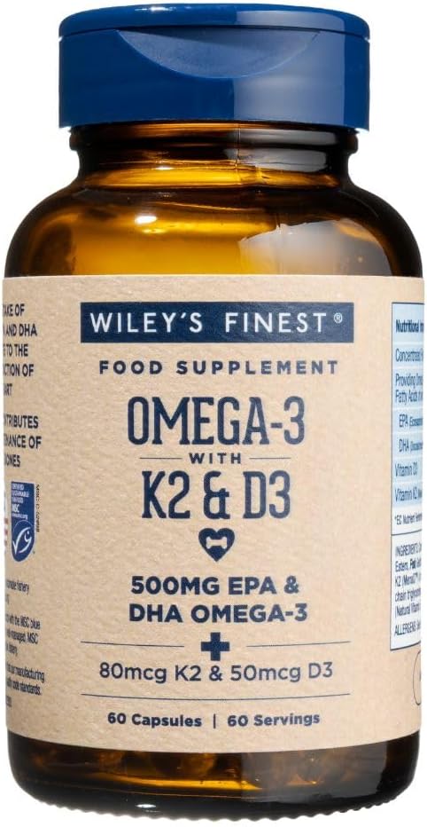 Wiley's Finest Wild Alaskan Fish Oil Vitamin K2 Softgels - 500mg of EPA and DHA Omega-3s for Bone and Heart Health Support - 60 Softgels (60 Servings)