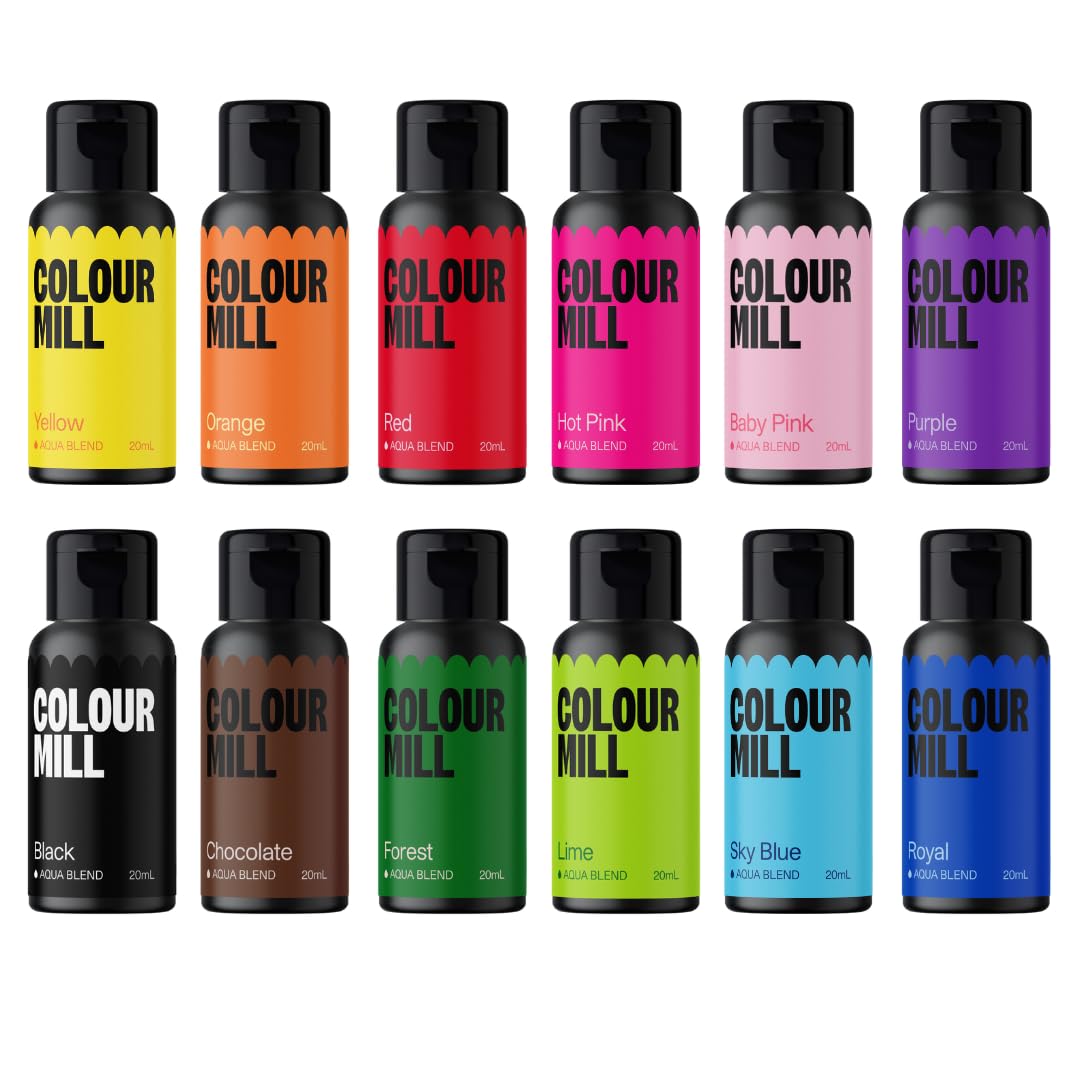 Colour Mill Kickstarter Pack Aqua Blend Water-Based Food Coloring, 20 Milliliters Each of 12 Colors: Baby Pink, Black, Chocolate, Forest, Hot Pink, Lime, Orange, Purple, Red, Royal, Sky Blue & Yellow