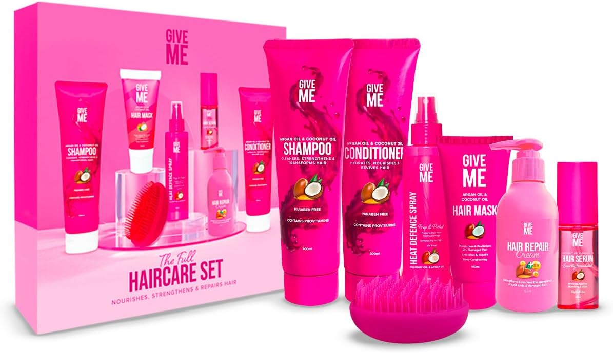 Give Me Cosmetics, Shampoo and Conditioner Sets, with Hair Mask, Heat Defence Spray, Repair Cream, Serum, Detangle Hairbrush, Argan & Coconut Oil, Paraben Free, Haircare Gift Set