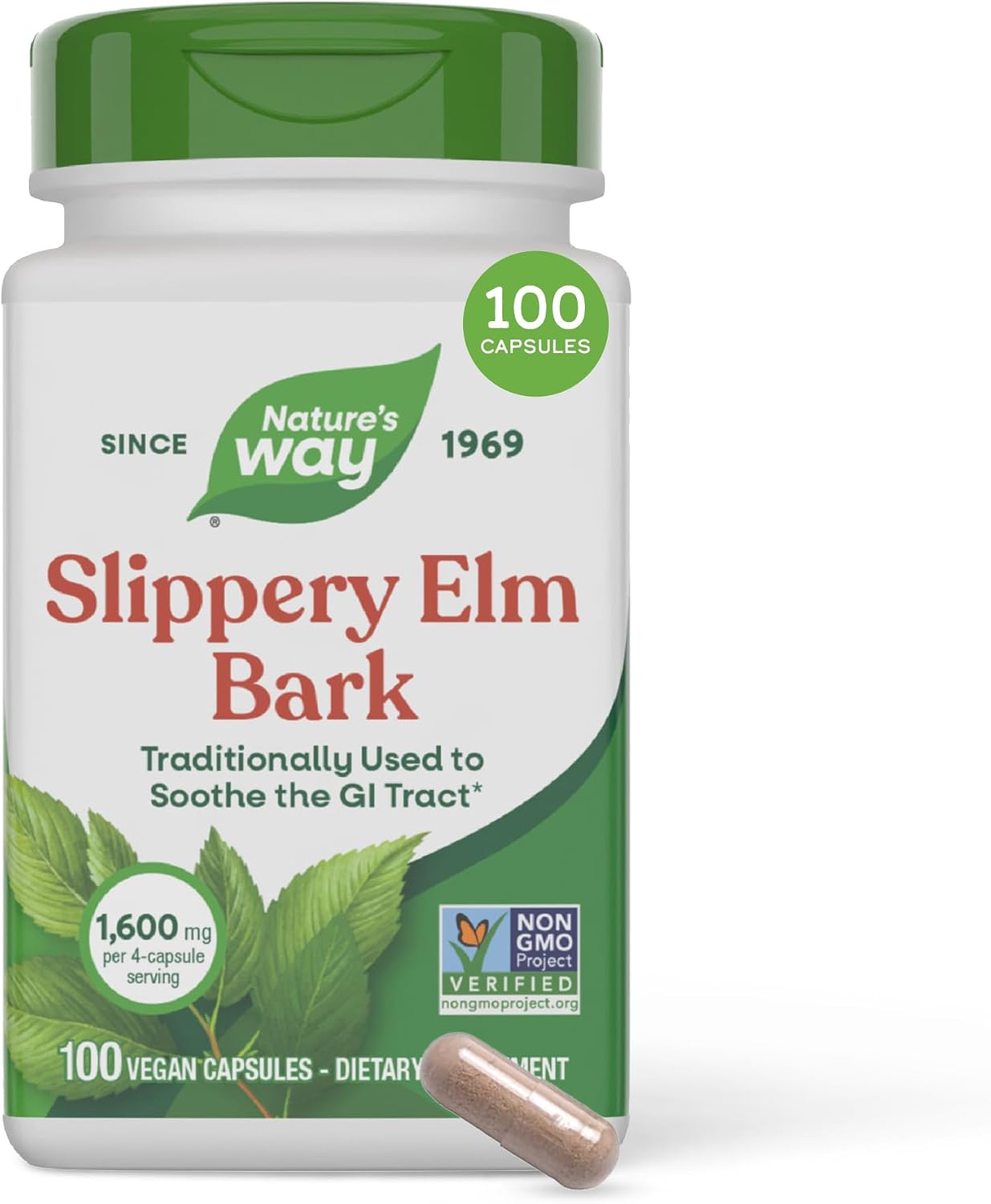 Nature's Way Slippery Elm Bark Capsules, 1,600 mg per Serving, 100 ct