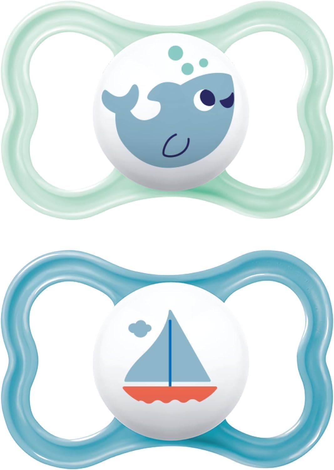 MAM Air Soothers | 16 Plus Months | 2 Pack | Comes in Dummy Steriliser Case | Sustainable Materials | Baby Accessories | Blue/Cream (Various Designs)