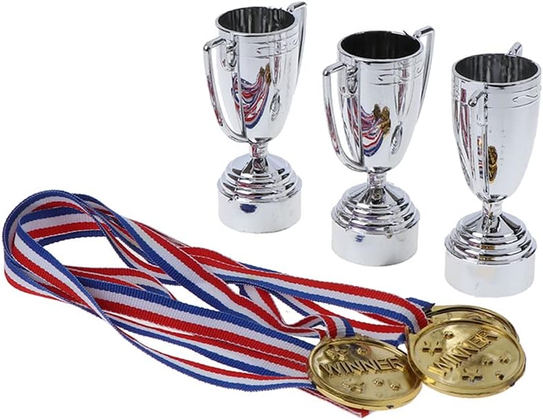 Multi sport Award Plastic Golden Trophy Cups Lightweight Award Medals For Party Favors Props Winning Prizes Competitions Medals With Neck Ribbons Olympic Style For Kids And children (3 trophy cups)