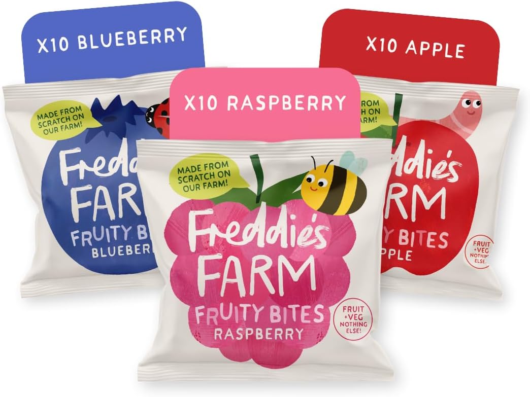 Freddie’s Farm Kids Snacks | Fruit Snacks Multipack - Raspberry, Blueberry, Apple Bites | Lunchbox Snacks For Kids | 100% Fruit & Veg | UPF Free, Recyclable Packs & Made in the UK | 30 x 20g Bags