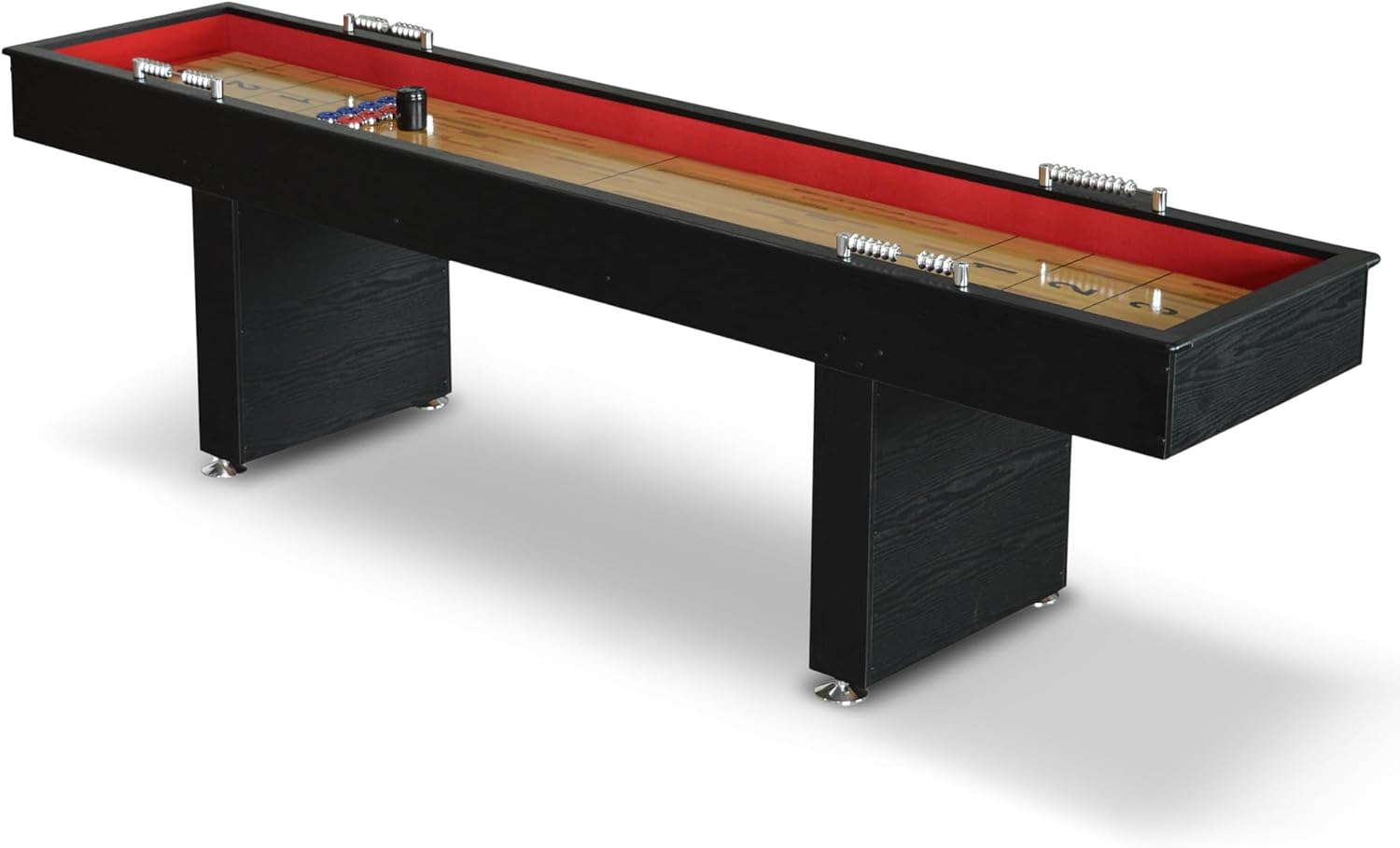 Hathaway Avenger 9 Ft Shuffleboard Table for Family Game Room – Poly-Coated Playfield, Built-in Scorer & Cabinet, Carpeted Gutters, 8 Pucks, Brush & Wax – Black Finish