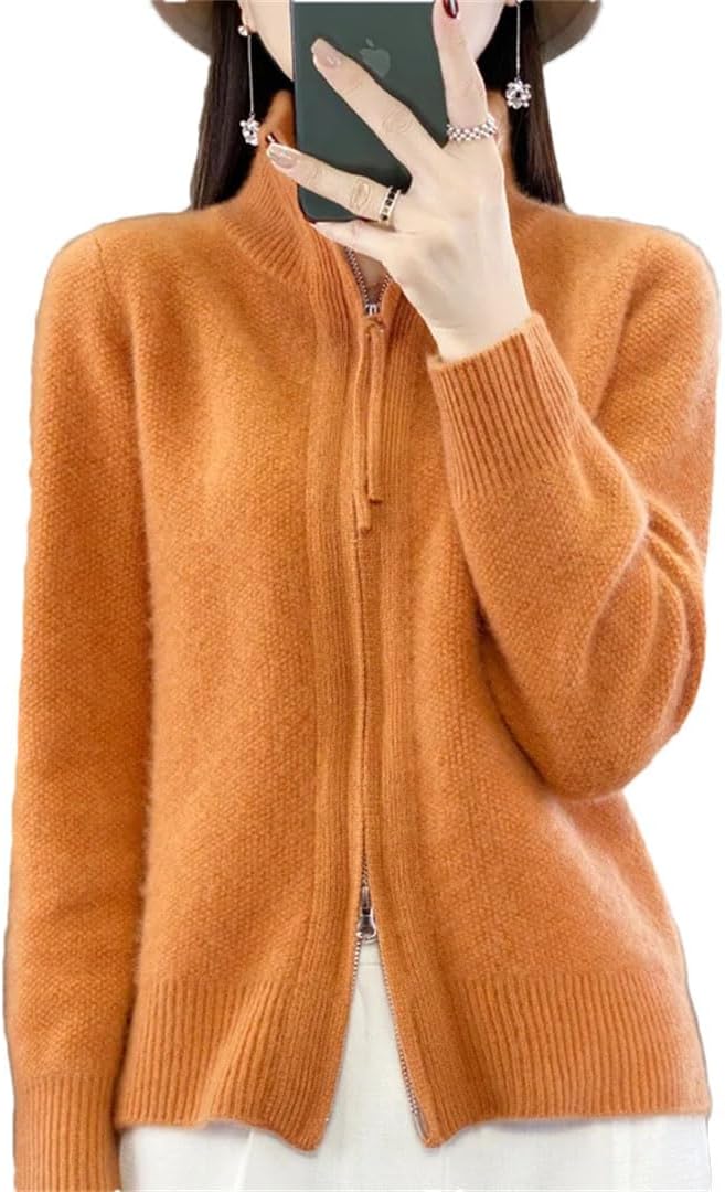 Women 100% Wool Cardigan Standing Collar Bidirectional Purplepper Cashmere Sweater Sweater Jacket