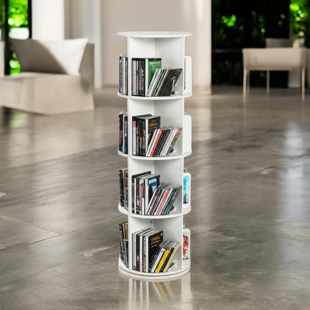 HOMYLIN Rotating Audio-Visual Shelving Unit, MDF Versatile Storage Shelf for Home Entertainment Room, 360-Degree Rotation, White