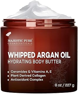 MAJESTIC PURE Whipped Argan Oil Body Butter for Women & Men - With Ceramides, Vitamin E & A & Vegan Collagen - For Skin, Face, & Appearance of Wrinkles & Fine Lines - 8oz