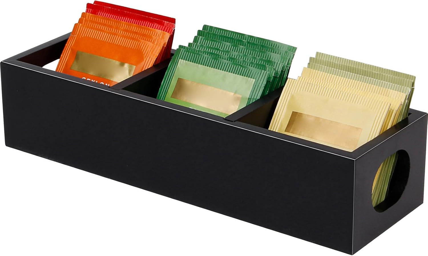 Tea Bag Holder, Black Wooden Tea Bag Organizer, Tea Storage Box with 3 Slots, Sugar Packet Holder, Tea Bag Caddy for Countertop,Drawer
