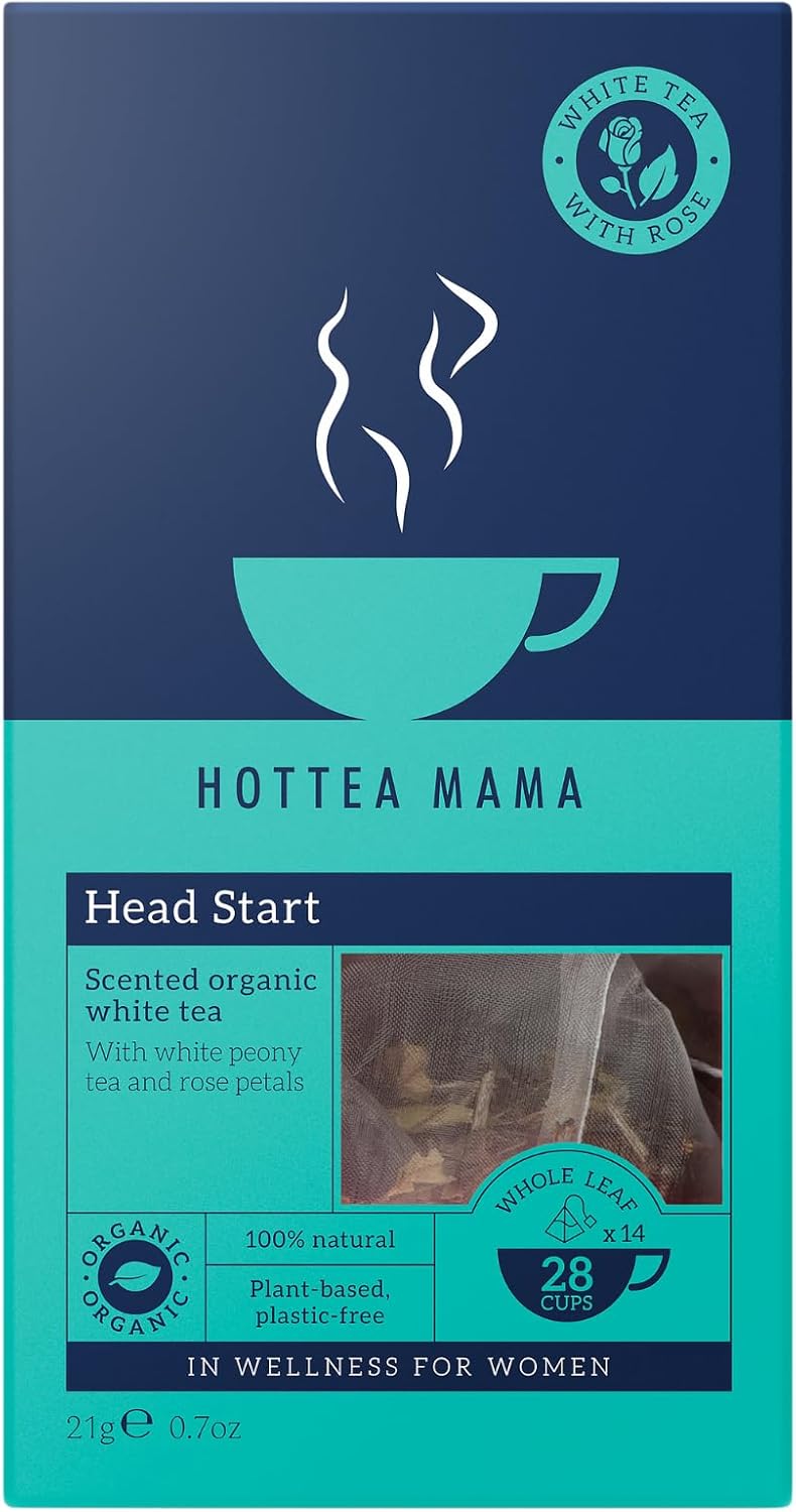 HOTTEA MAMA | Head Start | Beat The Caffeine Crash | Organic White Tea And Rose | 14 Whole Leaf Biodegradable Bags (28 Cups Of Tea)