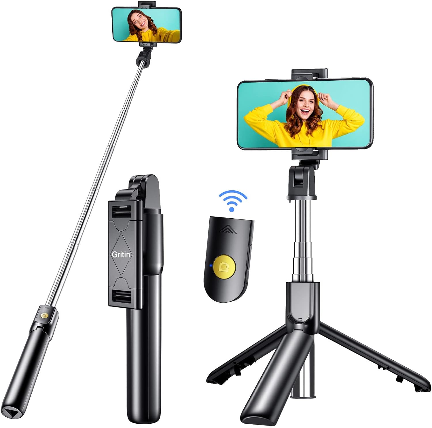 Gritin Selfie Stick, 4 in 1 Bluetooth Selfie Stick Tripod, Extendable and Portable Selfie Stick with Detachable Wireless Remote & Stable Tripod Stand, Compatible with iPhone/Galaxy etc.