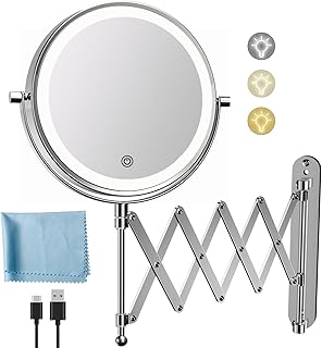 Rechargeable Wall Mounted Makeup Mirror - 8 Inch Double Sided 1X/10X Magnifying Mirror with 3 Color Lights Dimmable Touch Screen, 360°Swivel 19.6 Inch Extendable Accordion Bathroom Mirror - Chrome