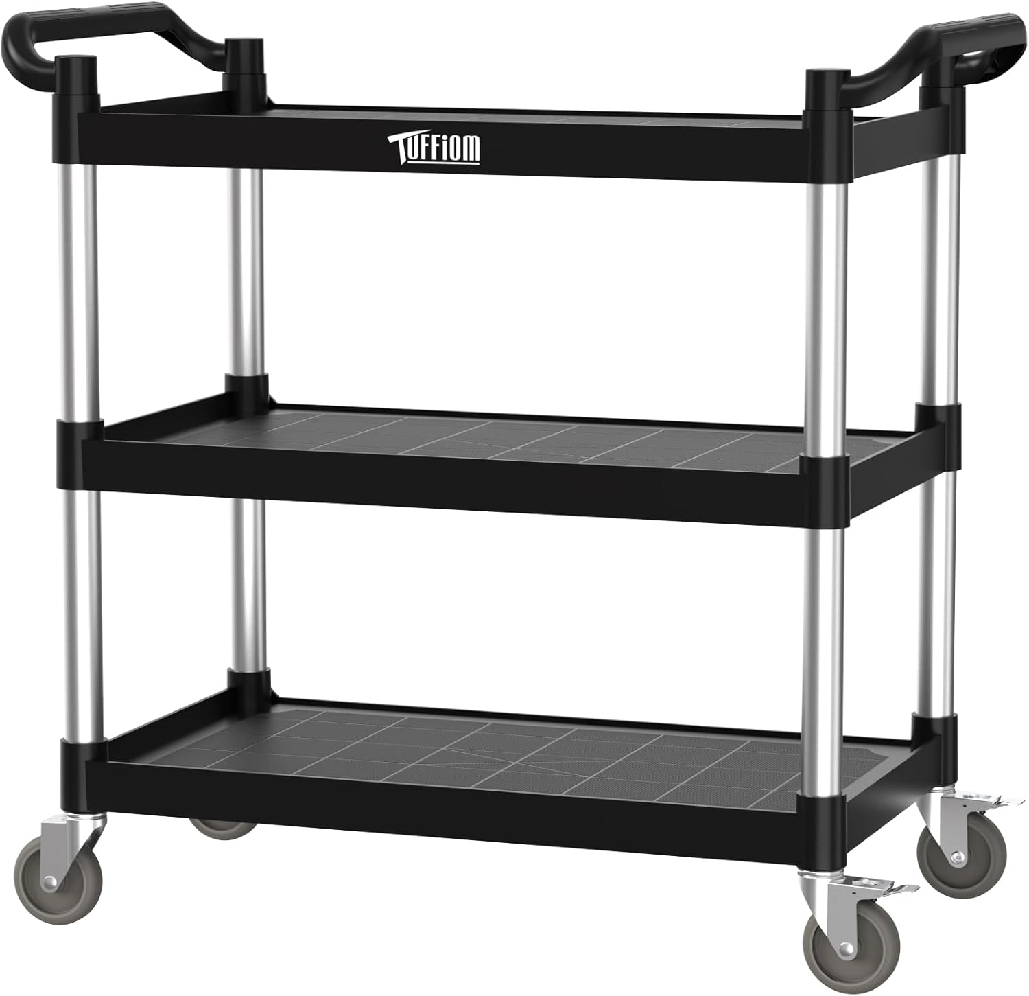 TUFFIOM Plastic Service Utility Cart with Wheels,Heavy Duty 450lbs Capacity, 3-Tier Commercial Rolling, Ideal for Restaurant, Foodservice, Office, Warehouse, Black 40.4''L x 19.7''W x 38.6''H
