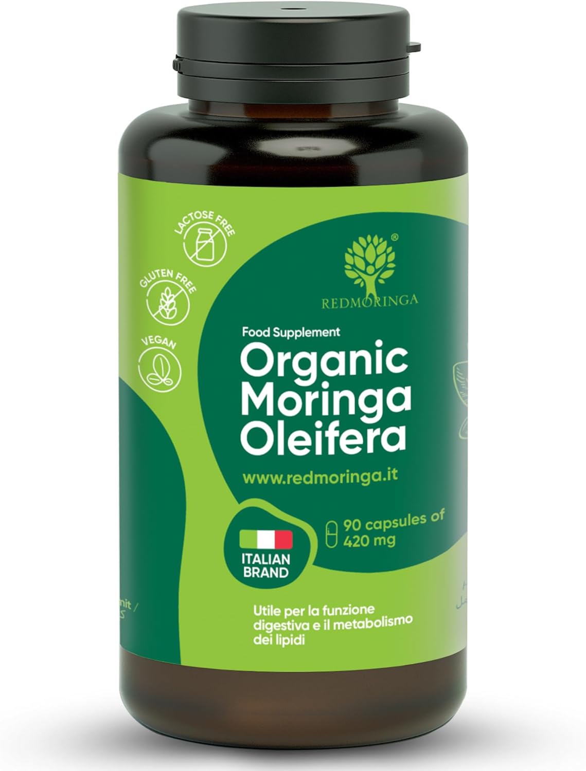 Organic Moringa Oleifera Capsules – 100% Natural Superfood | High Fibre Supplements | Supports Digestion, Metabolism & Immune System | 90 Moringa Capsules Made in Italy - RedMoringa