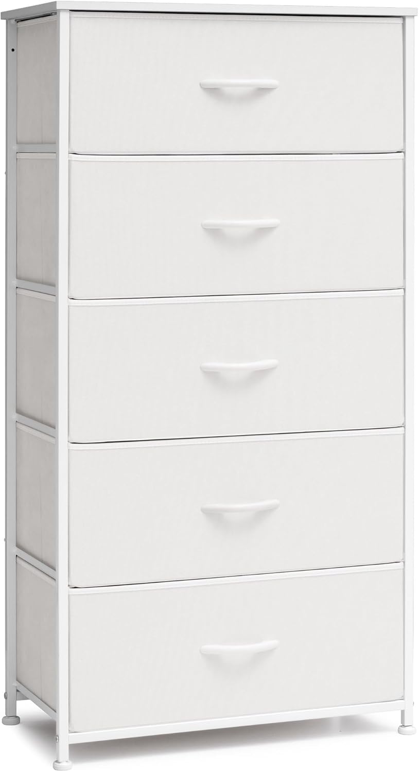 Crestlive Products Vertical Dresser Storage Tower - Sturdy Steel Frame, Wood Top, Easy Pull Fabric Bins - Wide Organizer Unit for Bedroom, Hallway, Entryway, Closets - 5 Drawers(White)