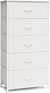 Crestlive Products Vertical Dresser Storage Tower - Sturdy Steel Frame, Wood Top, Easy Pull Fabric Bins - Wide Organizer Unit for Bedroom, Hallway, Entryway, Closets - 5 Drawers(White)