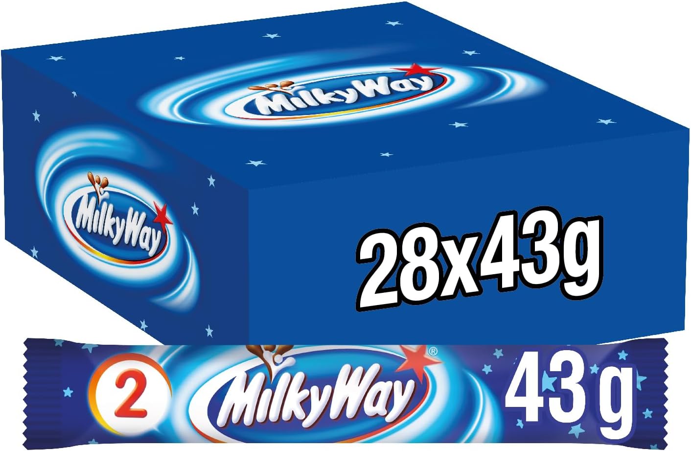 Milky Way Milk Chocolate & Nougat Bars Bulk Box, 28 Bars of 43g | Light Whipped Nougat Centre, Smooth Milk Chocolate Coating, Ideal Bulk Movie Night Snack Multipack, Weekend Family Treats