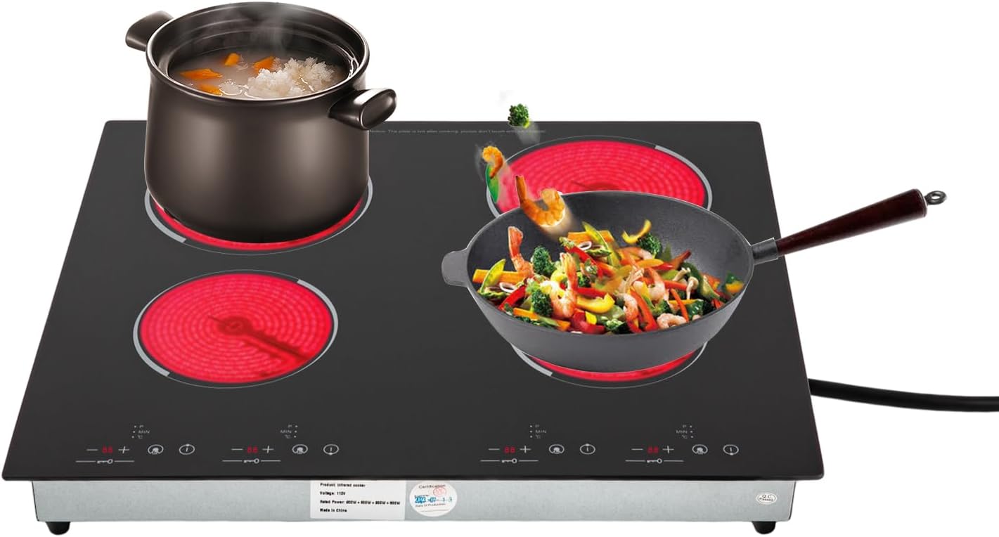 4 Burner Electric Cooktop 24 Inch Built-in Cooktop 3000W 110V Electric Stove Top with 9 Heating Level, Kid Safety Lock, Sensor Touch Control for Glass Pots, Stainless Steel Pots