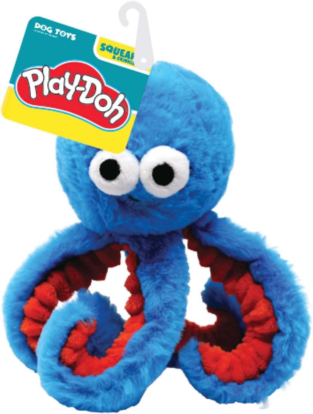 Hasbro Play-Doh Octopus Dog Toy, 6.5-Inch Plush Squeaker and Crinkle Toy, Blue/Red