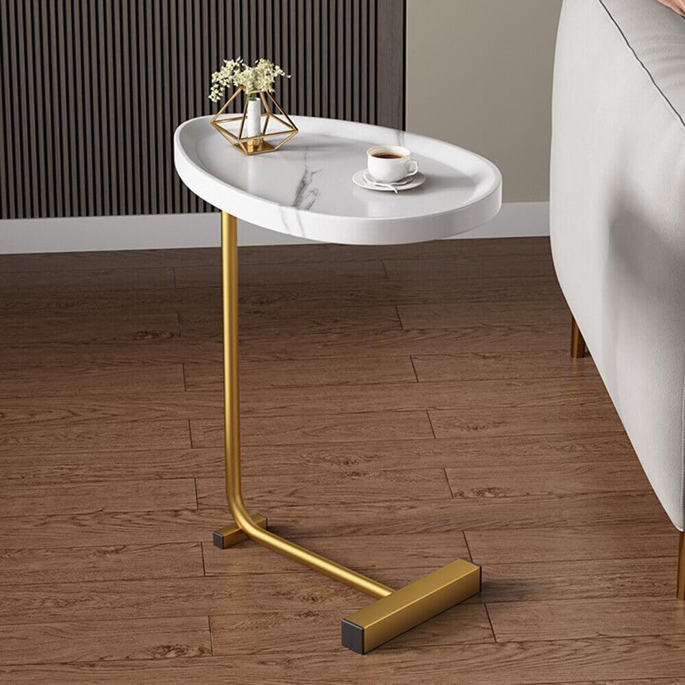 FENGSHENG-SHOP Modern C-Shaped Side End Table Iron Legs Frame and Wood Top, Bedside Nightstand Table Snack Books Side Table for Living Room Floor Balcony Corner Sofa, 45 x 28 x 60 cm (White + Gold)