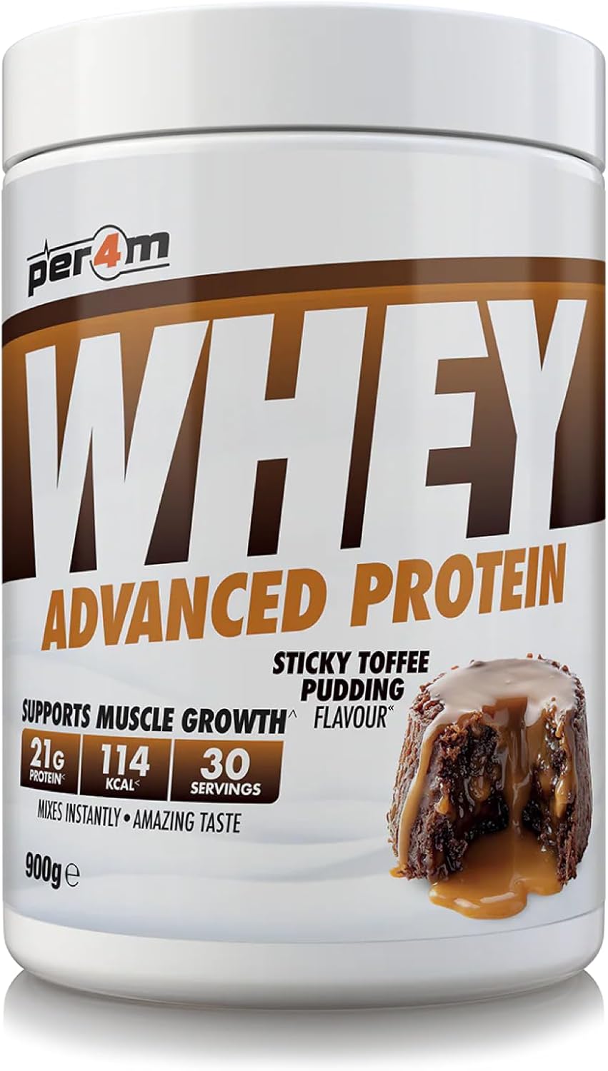 Per4m Whey Protein Powder | High Protein Shake for Muscle Growth & Recovery | Low Sugar Gym Supplement | Sports Nutrition Drink + Amino Acids (900g, Sticky Toffee Pudding)