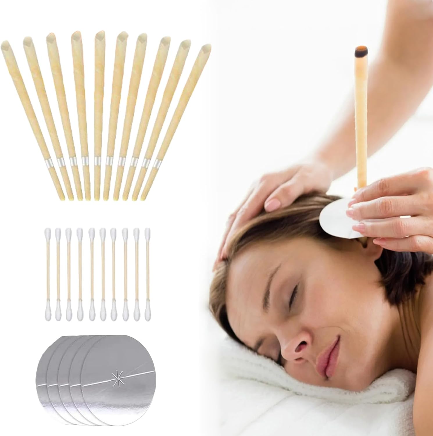 Ear Candles, 10 Pcs Natural Beeswax Ear Candles Kit, Beeswax Hopi Ear Candles for Blocked Ears with 5 Protective Disks+10 Cotton Swab