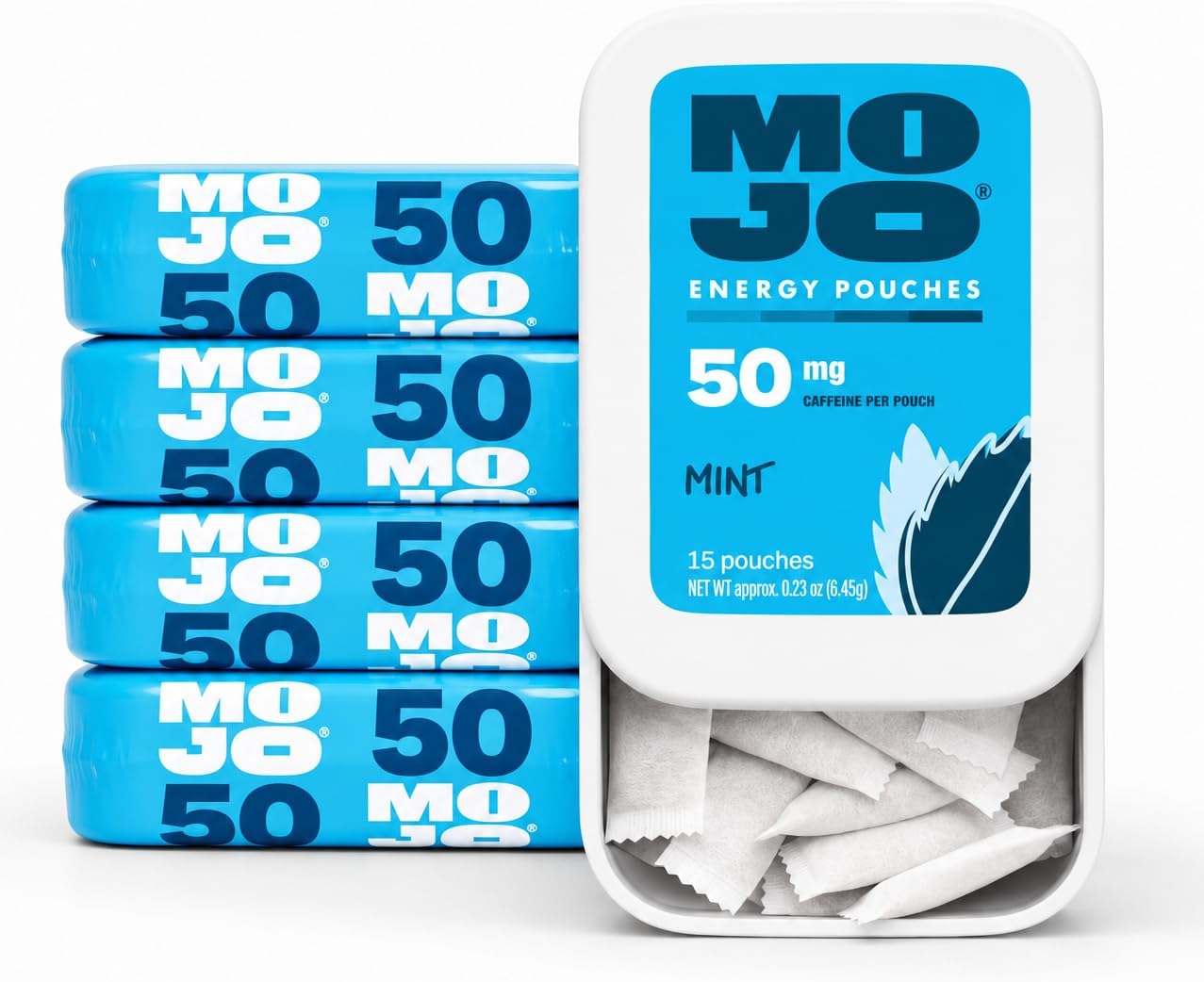 MOJO Caffeine Pouches with Naturally Derived Caffeine from Green Tea, Ginseng, Yerba Mate, L-Theanine & B-Vitamins | Nicotine-Free | Zero Sugar | 50mg Caffeine | Mint