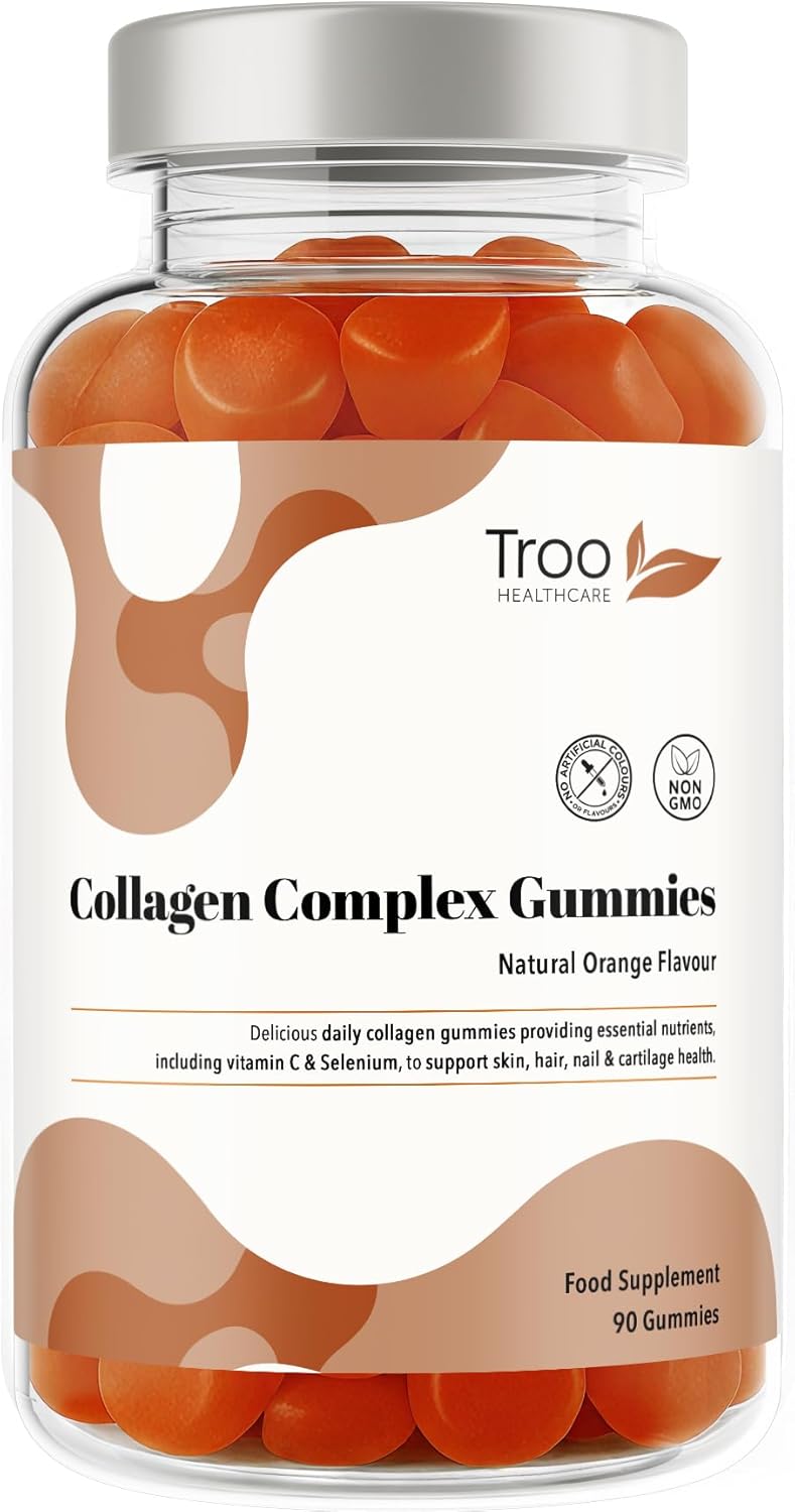 Troo Health Care Collagen Complex - 90 Natural Orange Gummies - One Per Day Hydrolysed Collagen with Biotin, Vitamin C & Selenium - Three Months Supply – Healthy Skin & Hair for Men & Women