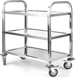Extra Large 3 Tier Stainless Steel Cart 37.4 x 19.7 x 37.4 Inch Kitchen Trolley Cart Serving Cart Kitchen Utility Rolling Cart Service Catering Storage Cart with Locking Wheels