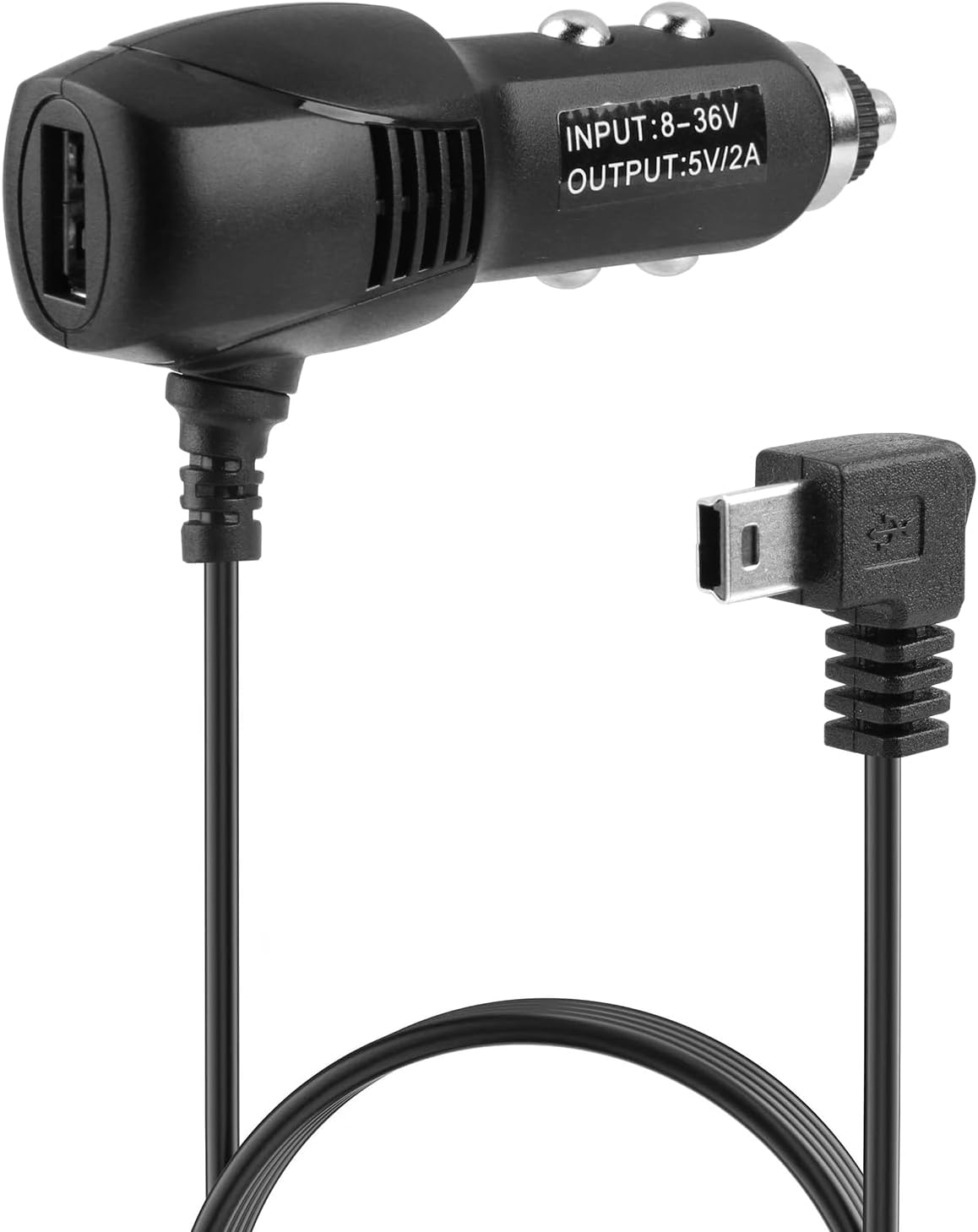 Dash Cam Power Lead 12V to 5V Mini USB Charging Cable, 3.5M Long 2A Car Charger Adapter with 90° Right Angle Mini USB Connector & Extra USB Port for Dash Cameras GPS Navigation DVR