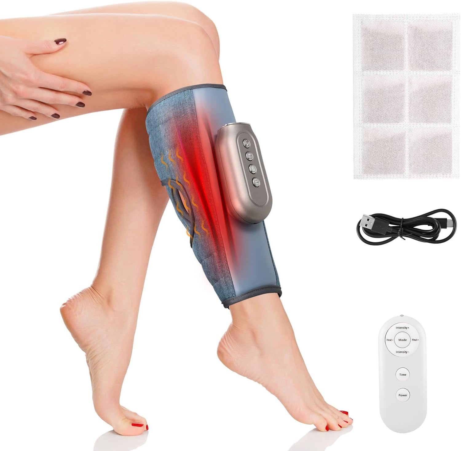 Leg Massager, Cordless Remote Control Calf Massager with 3 Modes &5 Intensities, Heat Function, Type-C Fast Charging, Adjustable Size, Relieve Leg Muscle Pain, Promote Blood Circulation,Blue